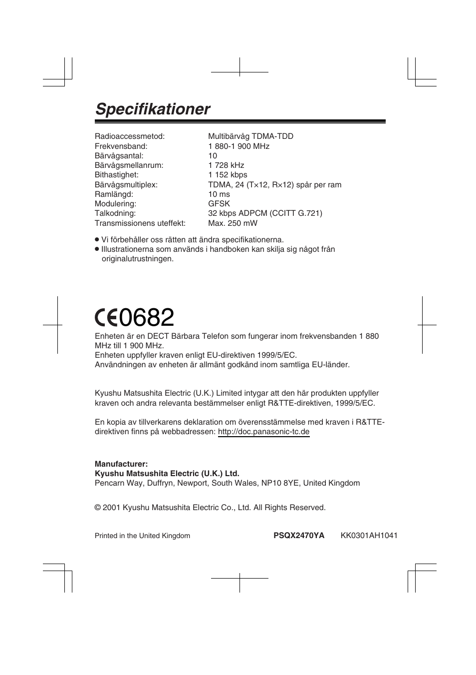 Specifikationer | Panasonic KXTD7580CE User Manual | Page 80 / 80