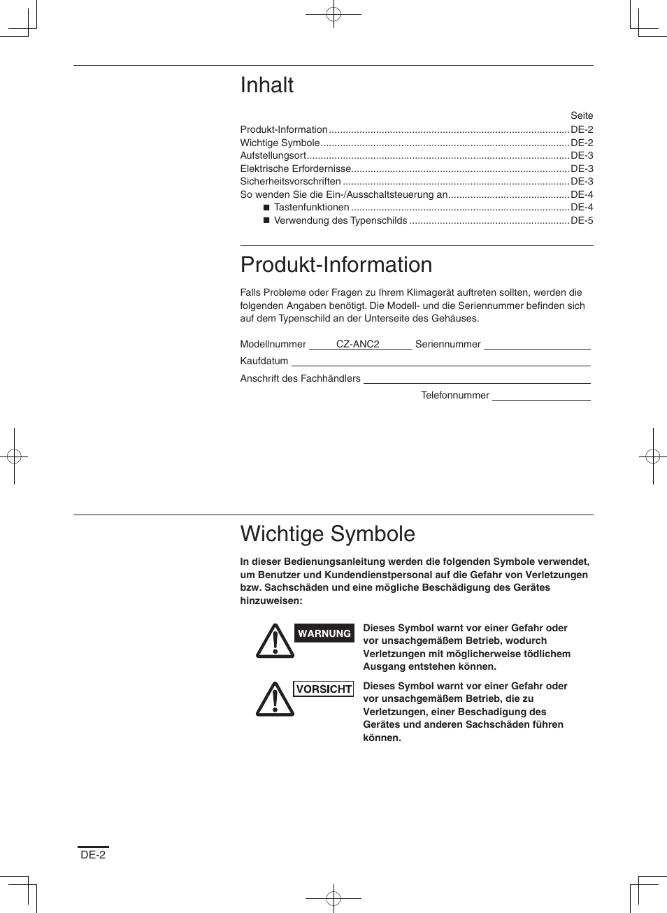 Inhalt, Produkt-information, Wichtige symbole | Panasonic CZANC2 User Manual | Page 10 / 38