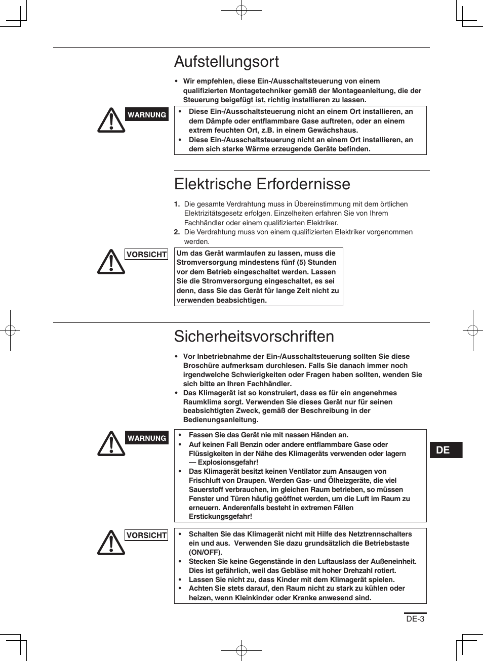 Aufstellungsort, Elektrische erfordernisse, Sicherheitsvorschriften | Panasonic CZANC2 User Manual | Page 11 / 38