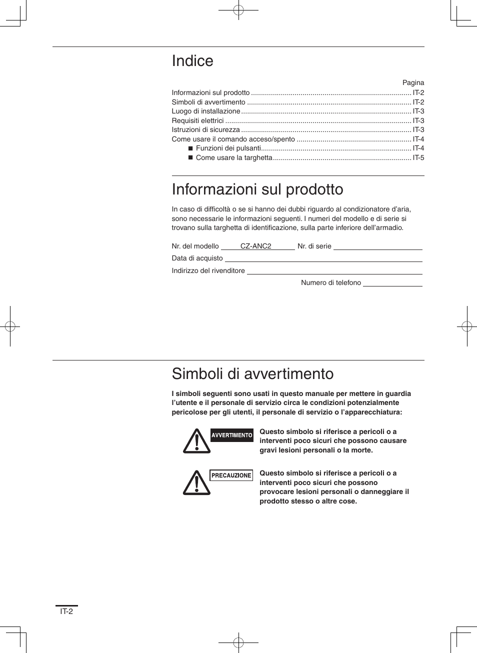 Indice, Informazioni sul prodotto, Simboli di avvertimento | Panasonic CZANC2 User Manual | Page 14 / 38