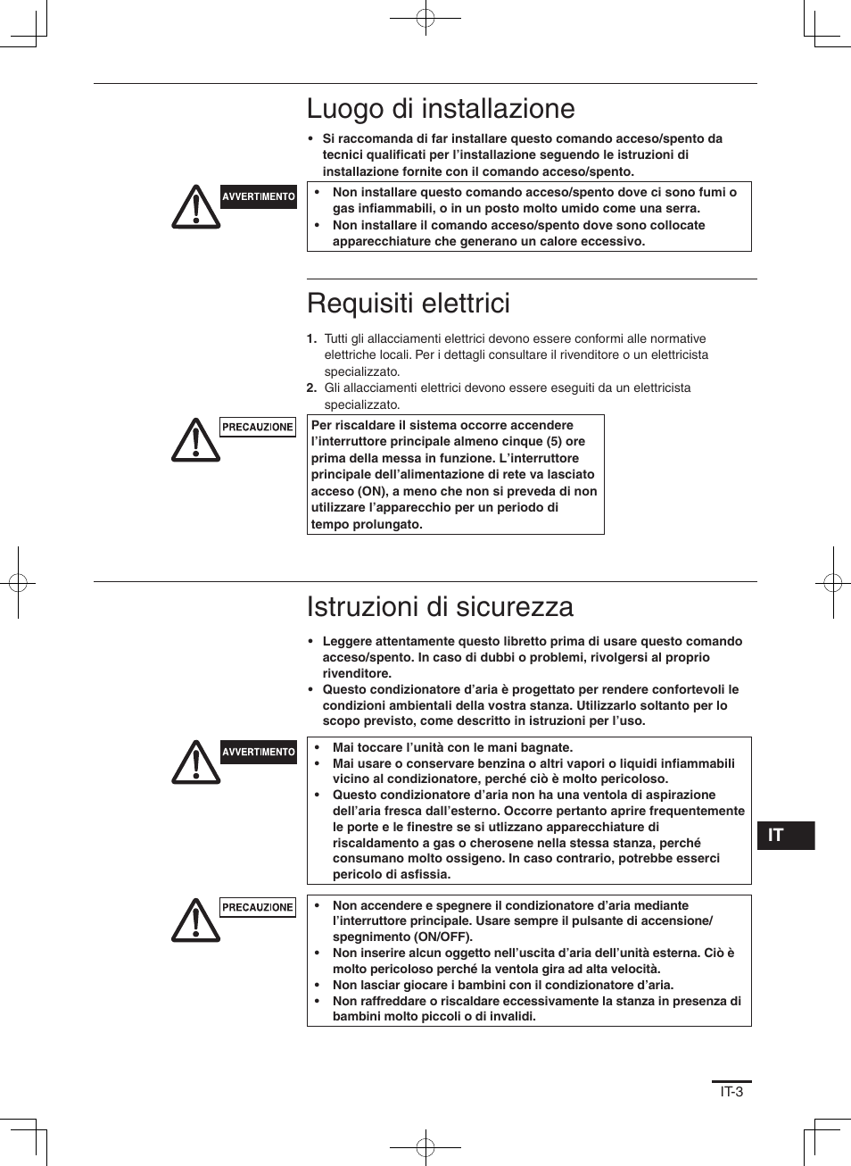 Luogo di installazione, Requisiti elettrici, Istruzioni di sicurezza | Panasonic CZANC2 User Manual | Page 15 / 38