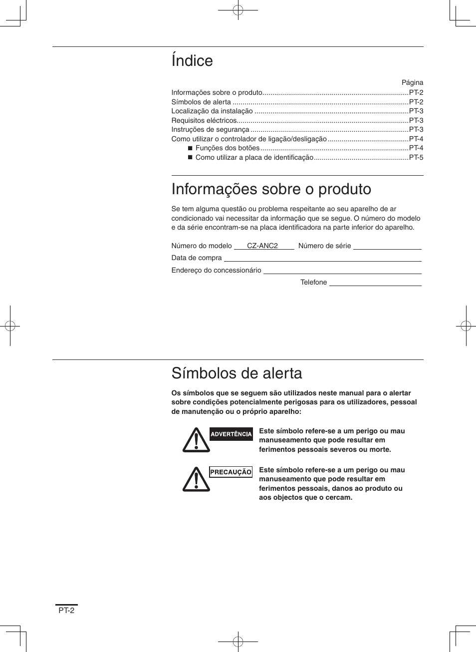 Índice, Informações sobre o produto, Símbolos de alerta | Panasonic CZANC2 User Manual | Page 18 / 38