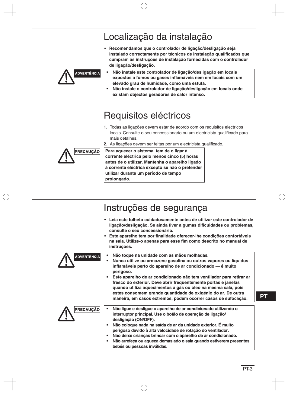 Localização da instalação, Requisitos eléctricos, Instruções de segurança | Panasonic CZANC2 User Manual | Page 19 / 38