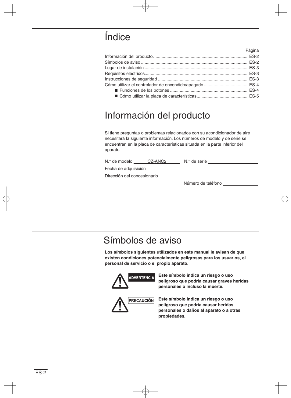 Índice, Información del producto, Símbolos de aviso | Panasonic CZANC2 User Manual | Page 26 / 38