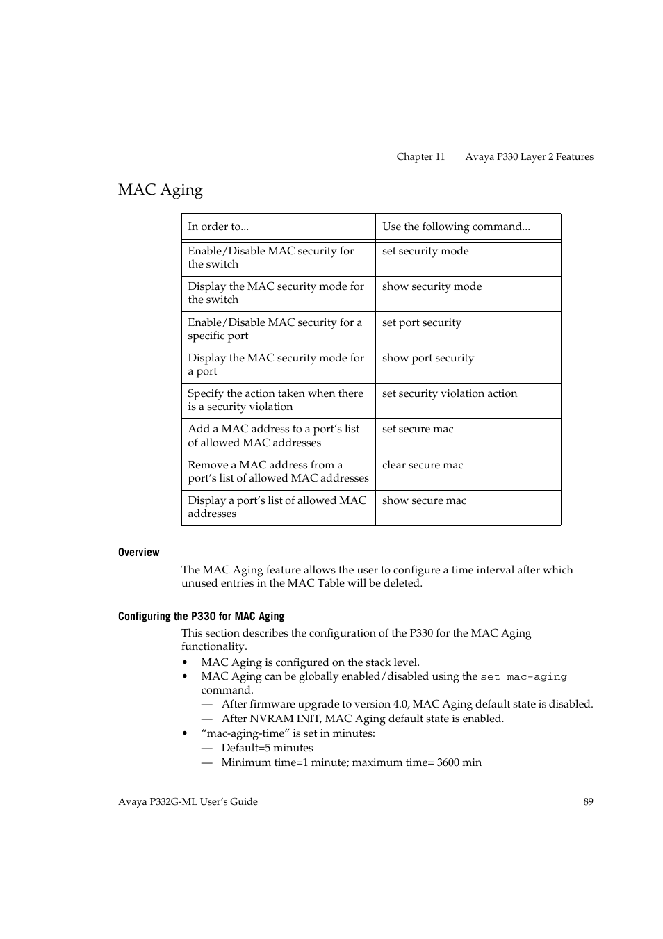 Mac aging, Overview, Configuring the p330 for mac aging | Overview configuring the p330 for mac aging | Avaya P332G-ML User Manual | Page 105 / 164