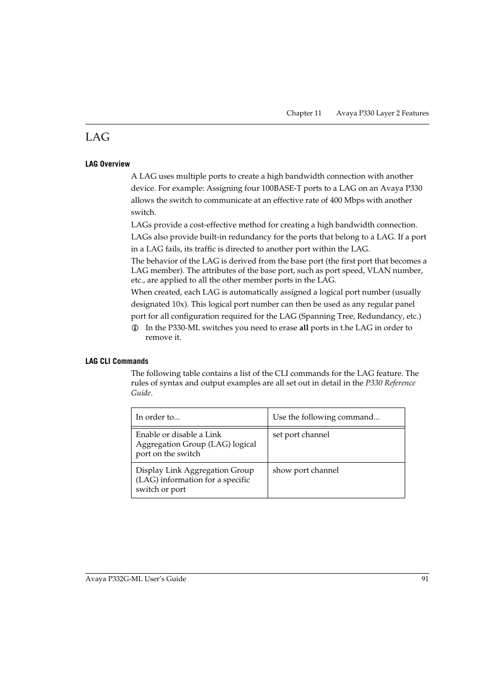 Lag overview, Lag cli commands, Lag overview lag cli commands | Avaya P332G-ML User Manual | Page 107 / 164