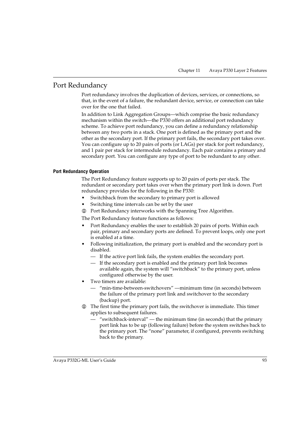 Port redundancy, Port redundancy operation | Avaya P332G-ML User Manual | Page 109 / 164