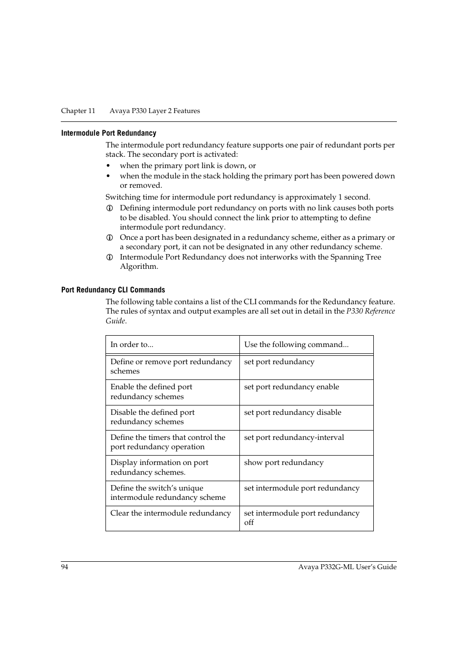 Intermodule port redundancy, Port redundancy cli commands | Avaya P332G-ML User Manual | Page 110 / 164
