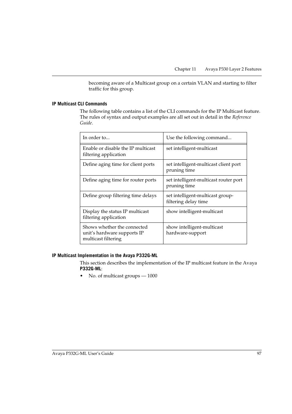 Ip multicast cli commands, Ip multicast implementation in the avaya p332g-ml | Avaya P332G-ML User Manual | Page 113 / 164