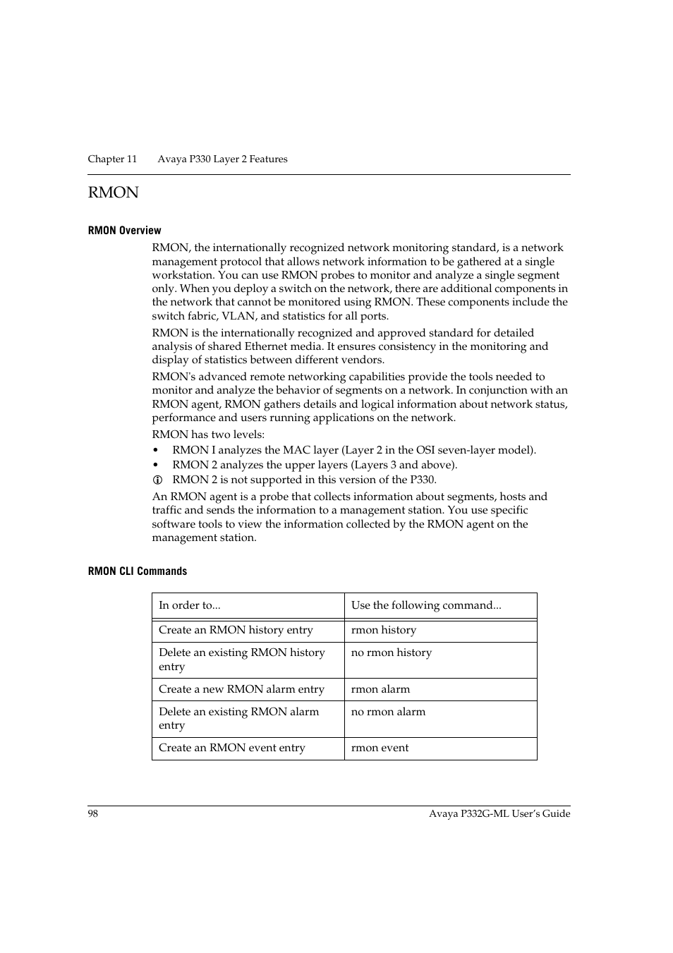 Rmon, Rmon overview, Rmon cli commands | Rmon overview rmon cli commands | Avaya P332G-ML User Manual | Page 114 / 164