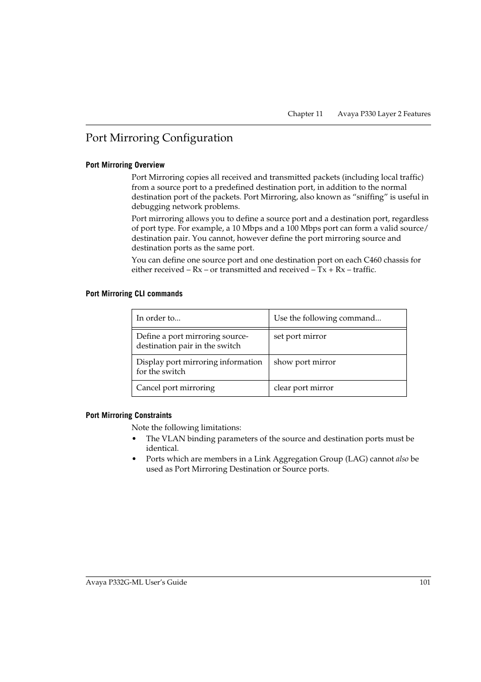 Port mirroring configuration, Port mirroring overview, Port mirroring cli commands | Port mirroring constraints | Avaya P332G-ML User Manual | Page 117 / 164