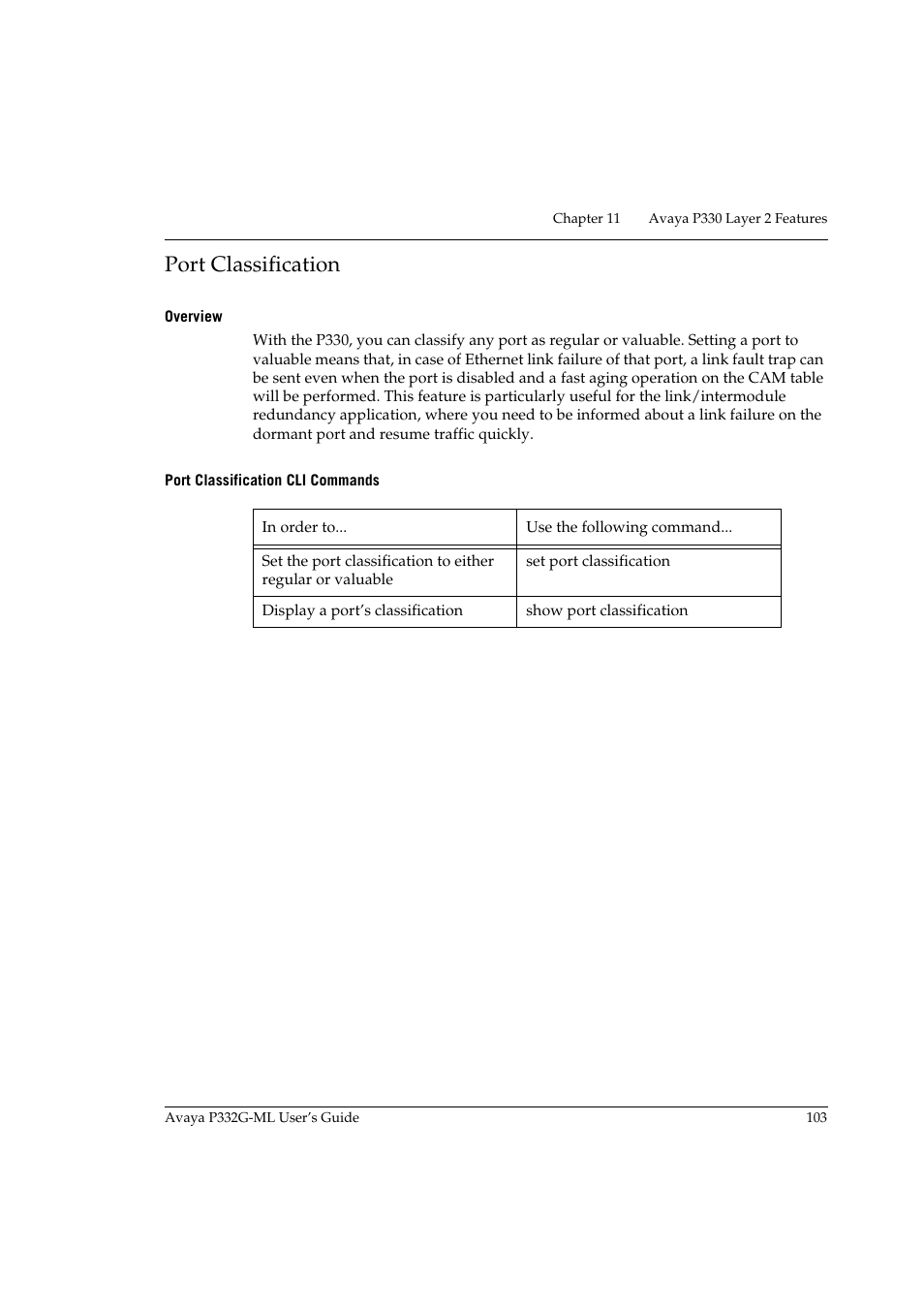Port classification, Overview, Port classification cli commands | Avaya P332G-ML User Manual | Page 119 / 164