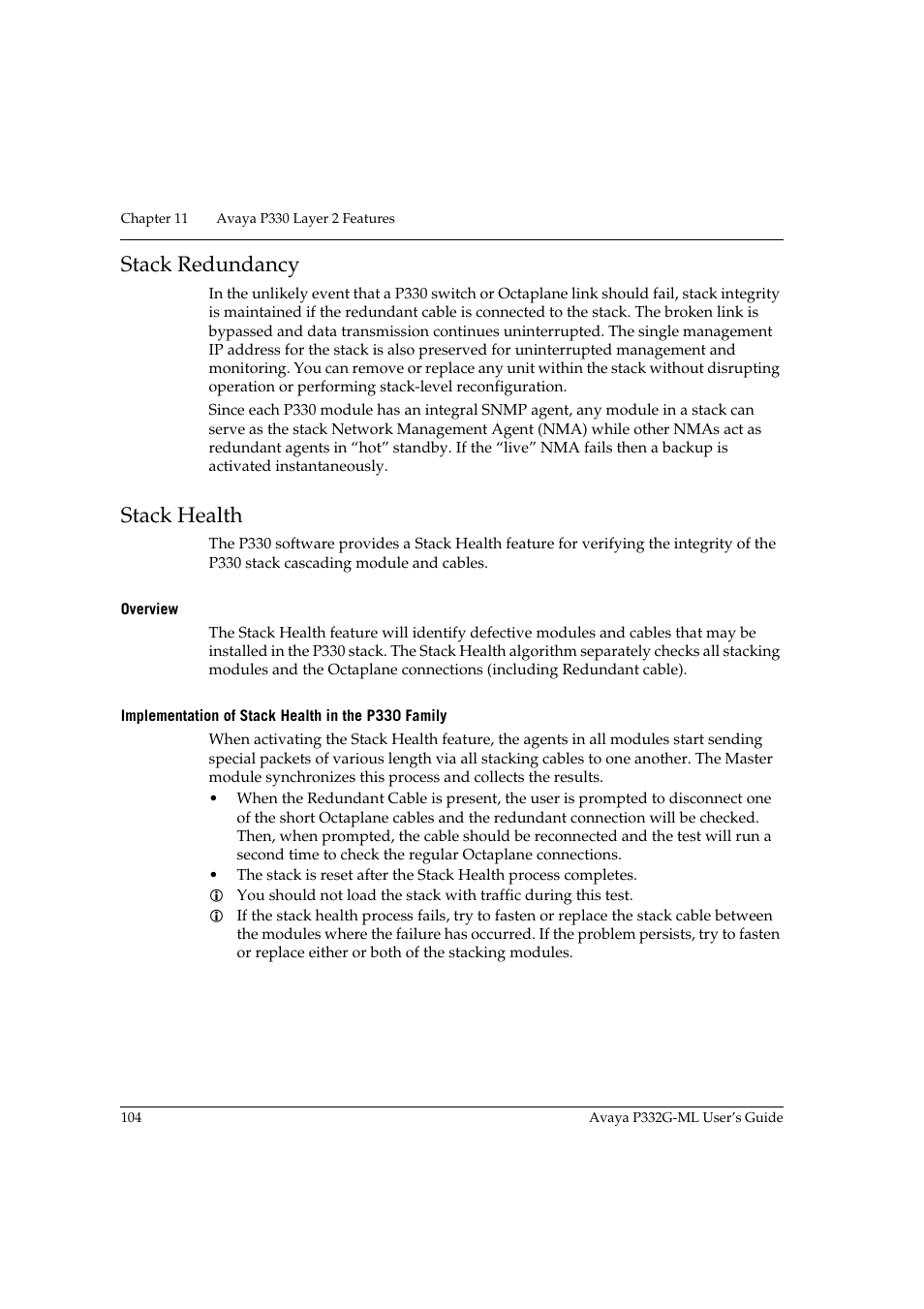 Stack redundancy, Stack health, Overview | Implementation of stack health in the p330 family, Stack redundancy stack health | Avaya P332G-ML User Manual | Page 120 / 164