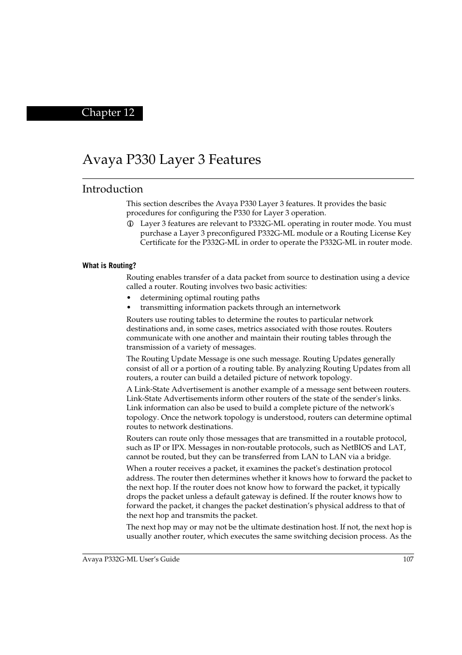 Avaya p330 layer 3 features, Introduction, What is routing | Chapter 12 avaya p330 layer 3 features, Chapter 12 | Avaya P332G-ML User Manual | Page 123 / 164