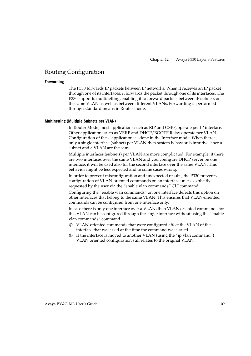 Routing configuration, Forwarding, Multinetting (multiple subnets per vlan) | Avaya P332G-ML User Manual | Page 125 / 164