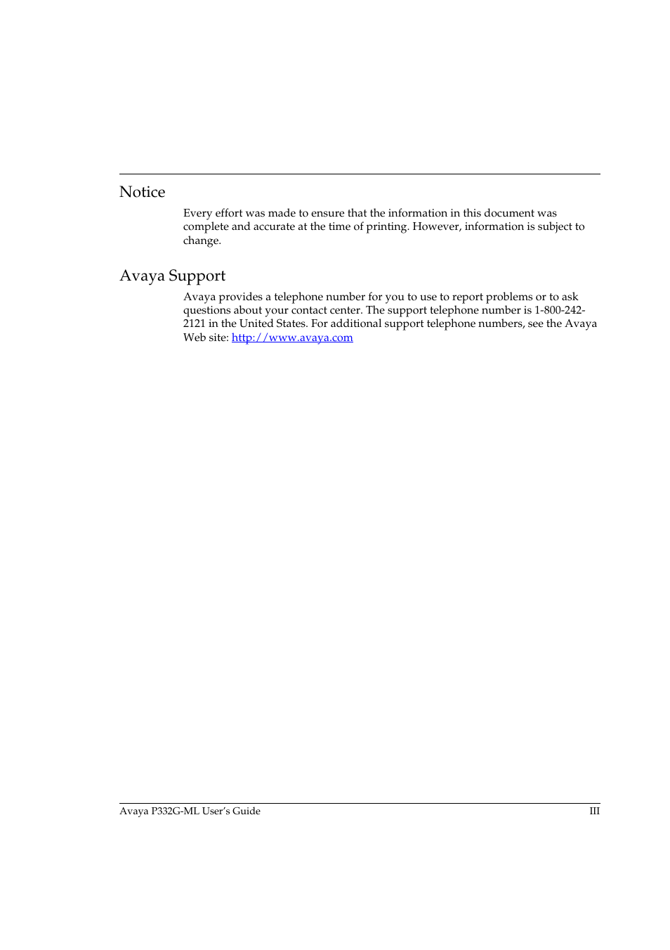 Notice, Avaya support | Avaya P332G-ML User Manual | Page 13 / 164