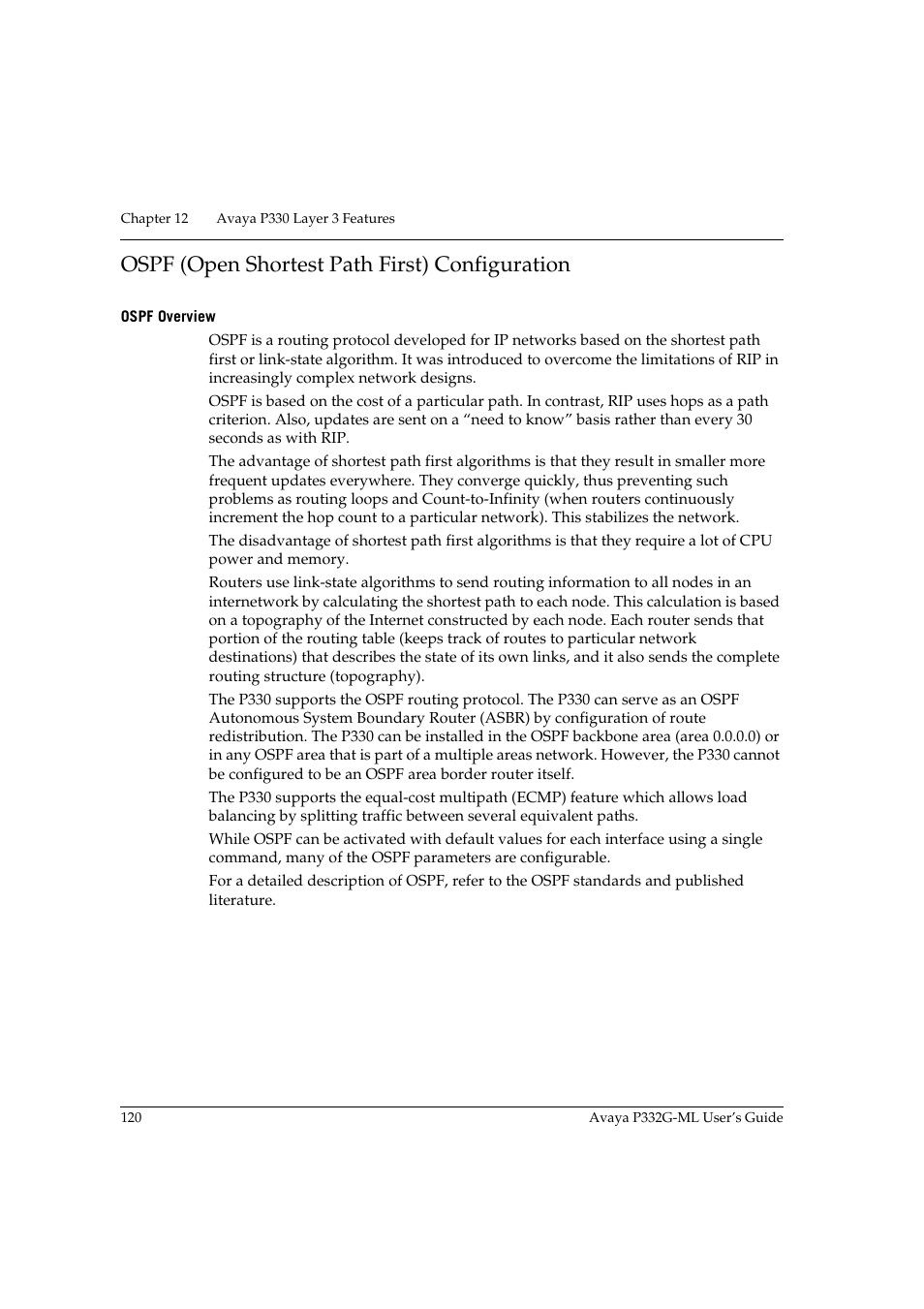 Ospf (open shortest path first) configuration, Ospf overview | Avaya P332G-ML User Manual | Page 136 / 164