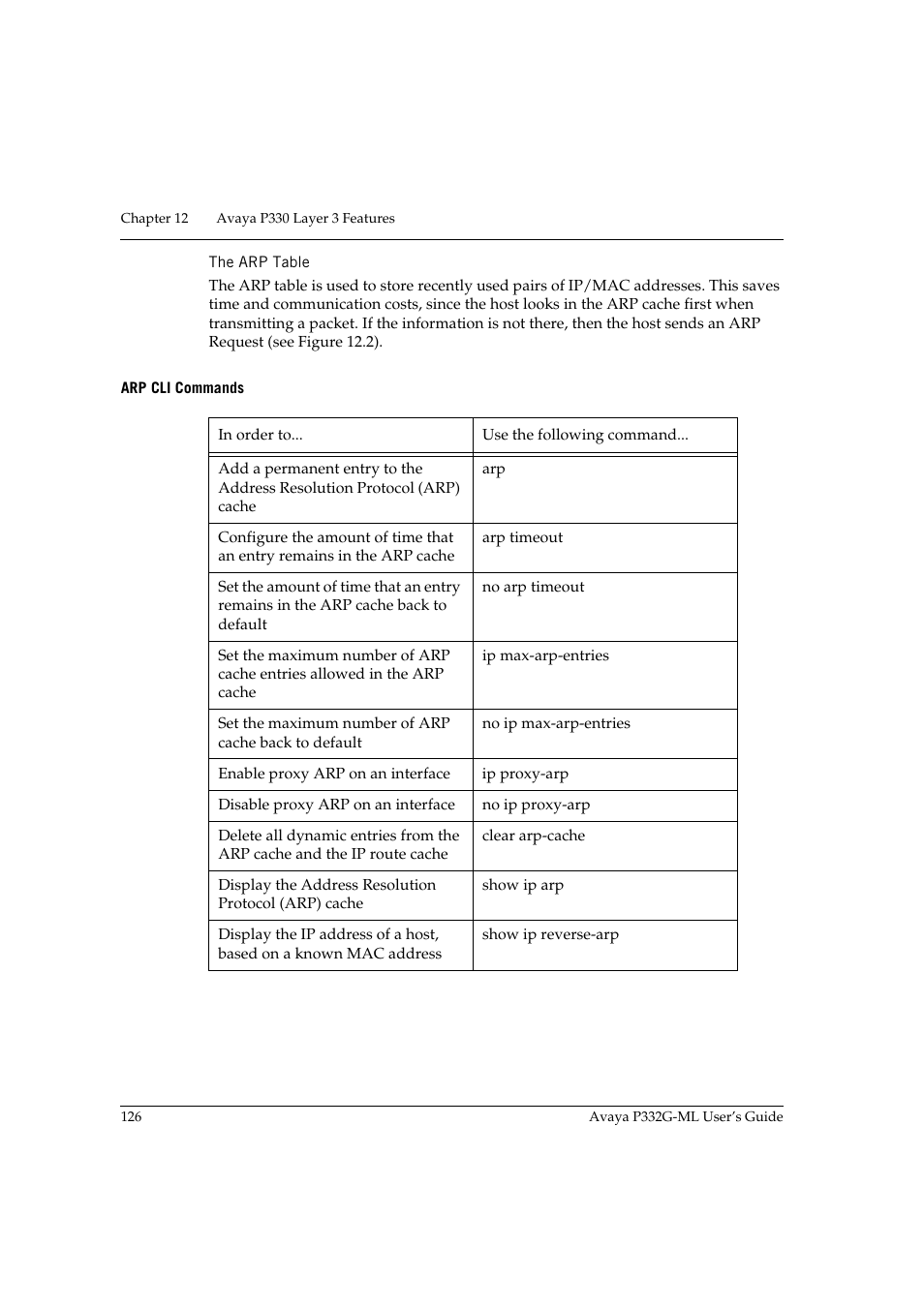 The arp table, Arp cli commands | Avaya P332G-ML User Manual | Page 142 / 164