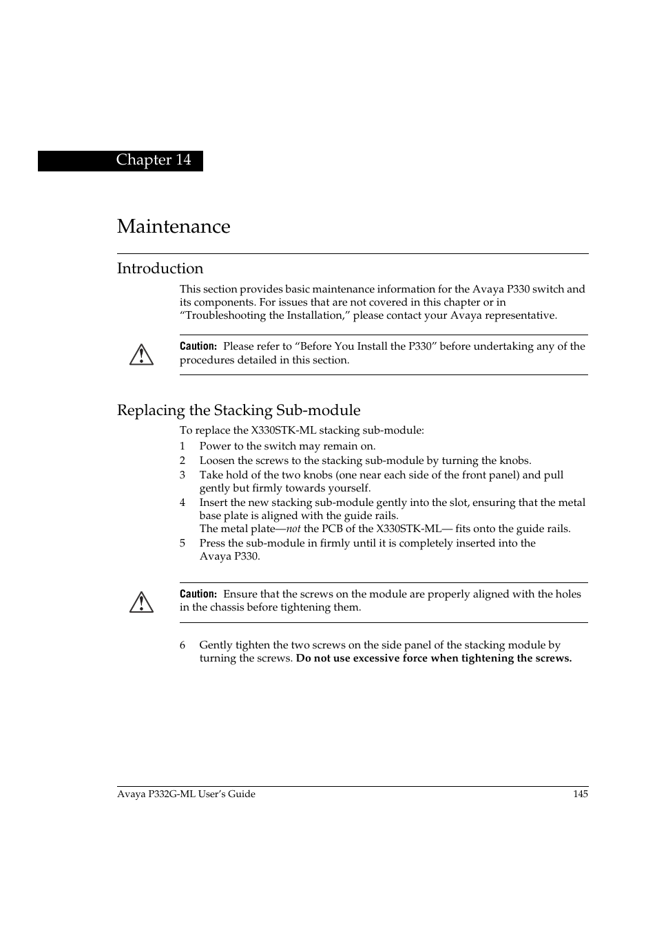 Maintenance, Introduction, Replacing the stacking sub-module | Chapter 14 maintenance, Introduction replacing the stacking sub-module, Chapter 14 | Avaya P332G-ML User Manual | Page 161 / 164