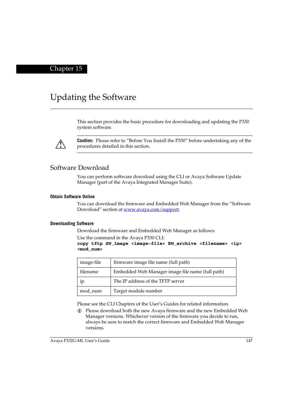 Updating the software, Software download, Obtain software online | Downloading software, Chapter 15 updating the software, Obtain software online downloading software, Chapter 15 | Avaya P332G-ML User Manual | Page 163 / 164