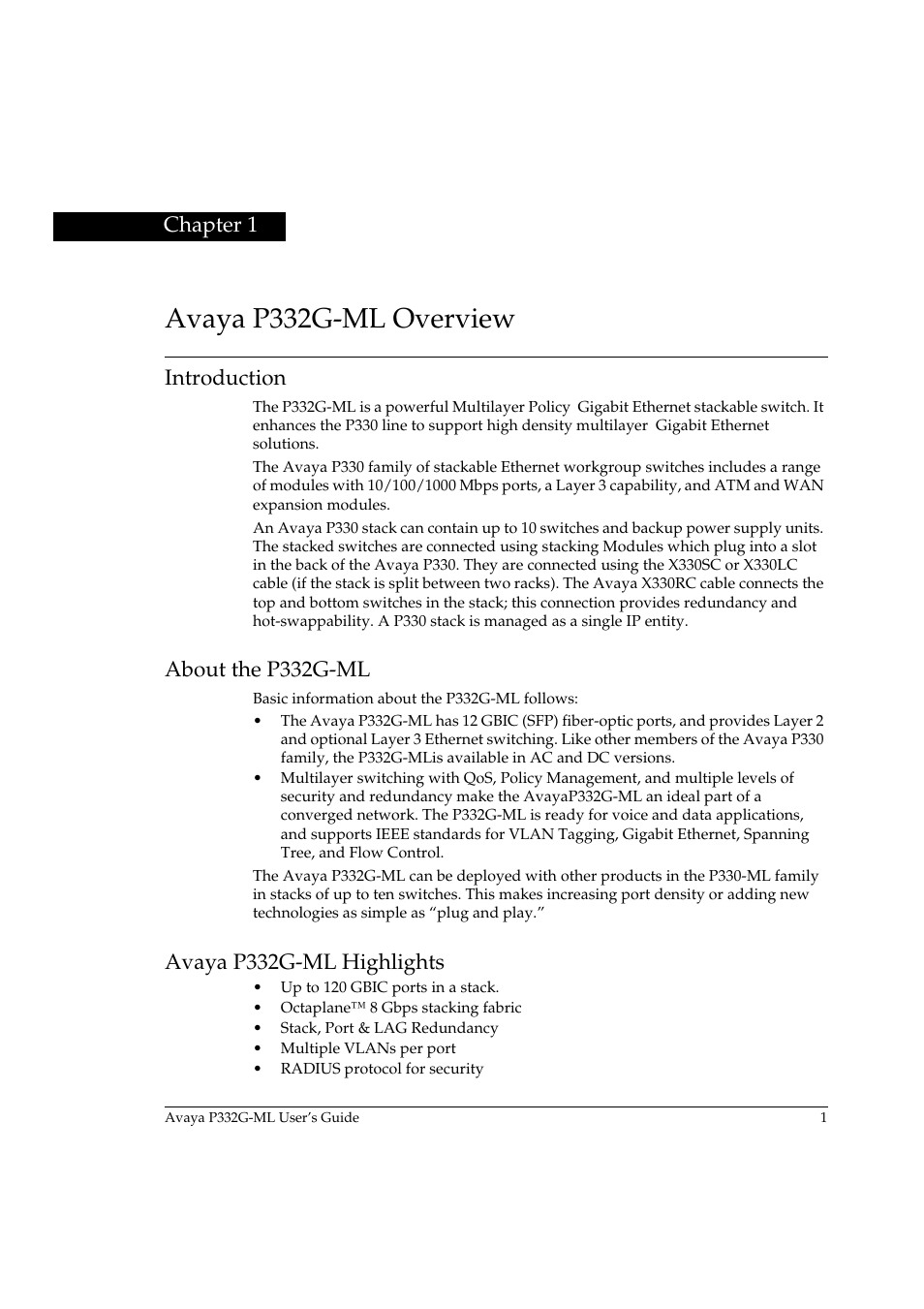 Avaya p332g-ml overview, Introduction, About the p332g-ml | Avaya p332g-ml highlights, Chapter 1 | Avaya P332G-ML User Manual | Page 17 / 164