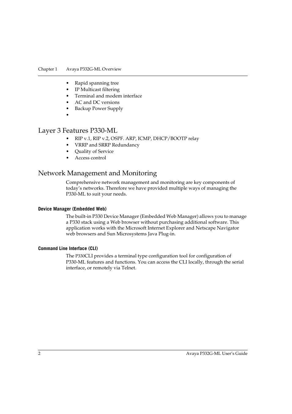 Layer 3 features p330-ml, Network management and monitoring, Device manager (embedded web) | Command line interface (cli) | Avaya P332G-ML User Manual | Page 18 / 164