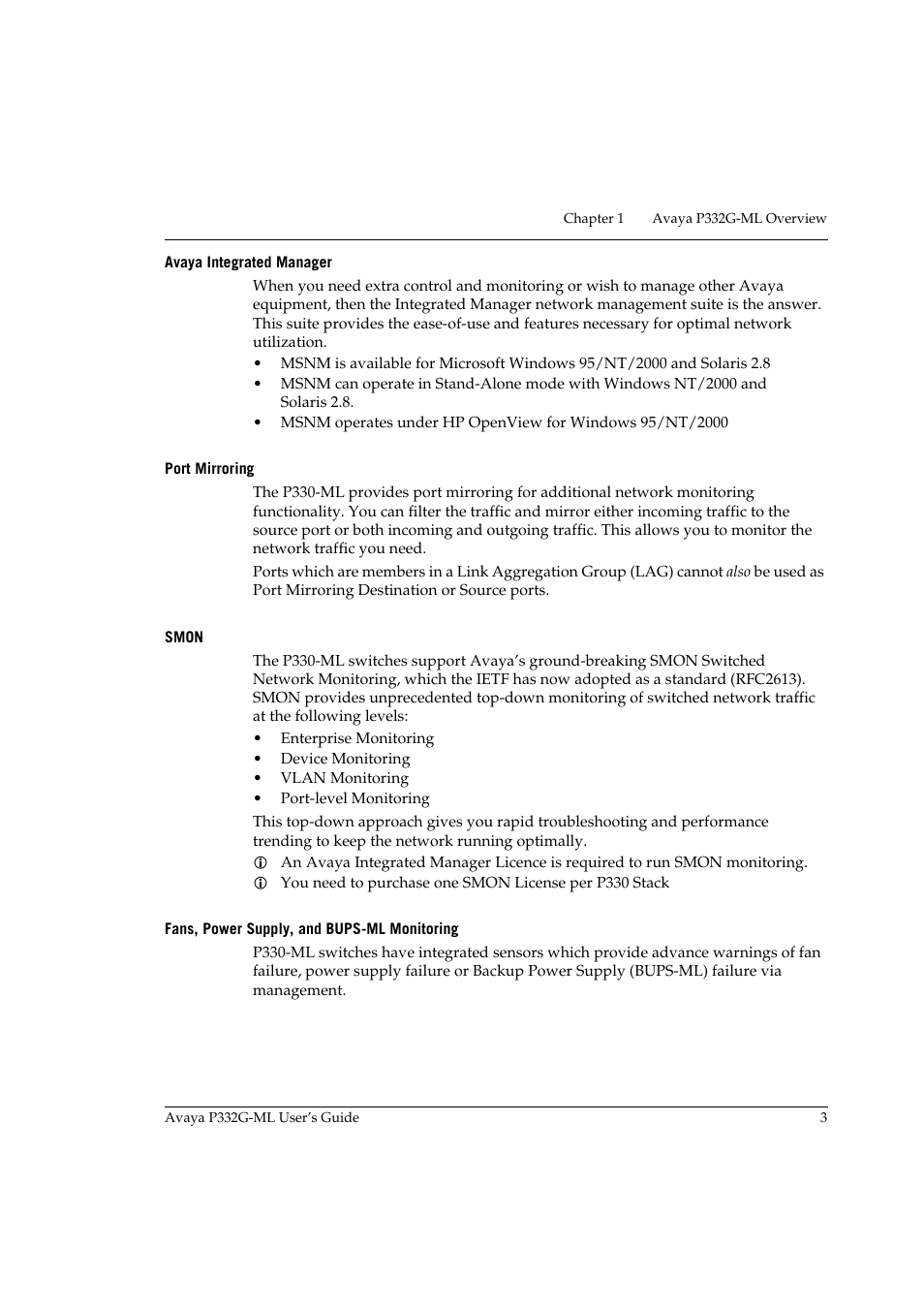 Avaya integrated manager, Port mirroring, Smon | Fans, power supply, and bups-ml monitoring | Avaya P332G-ML User Manual | Page 19 / 164