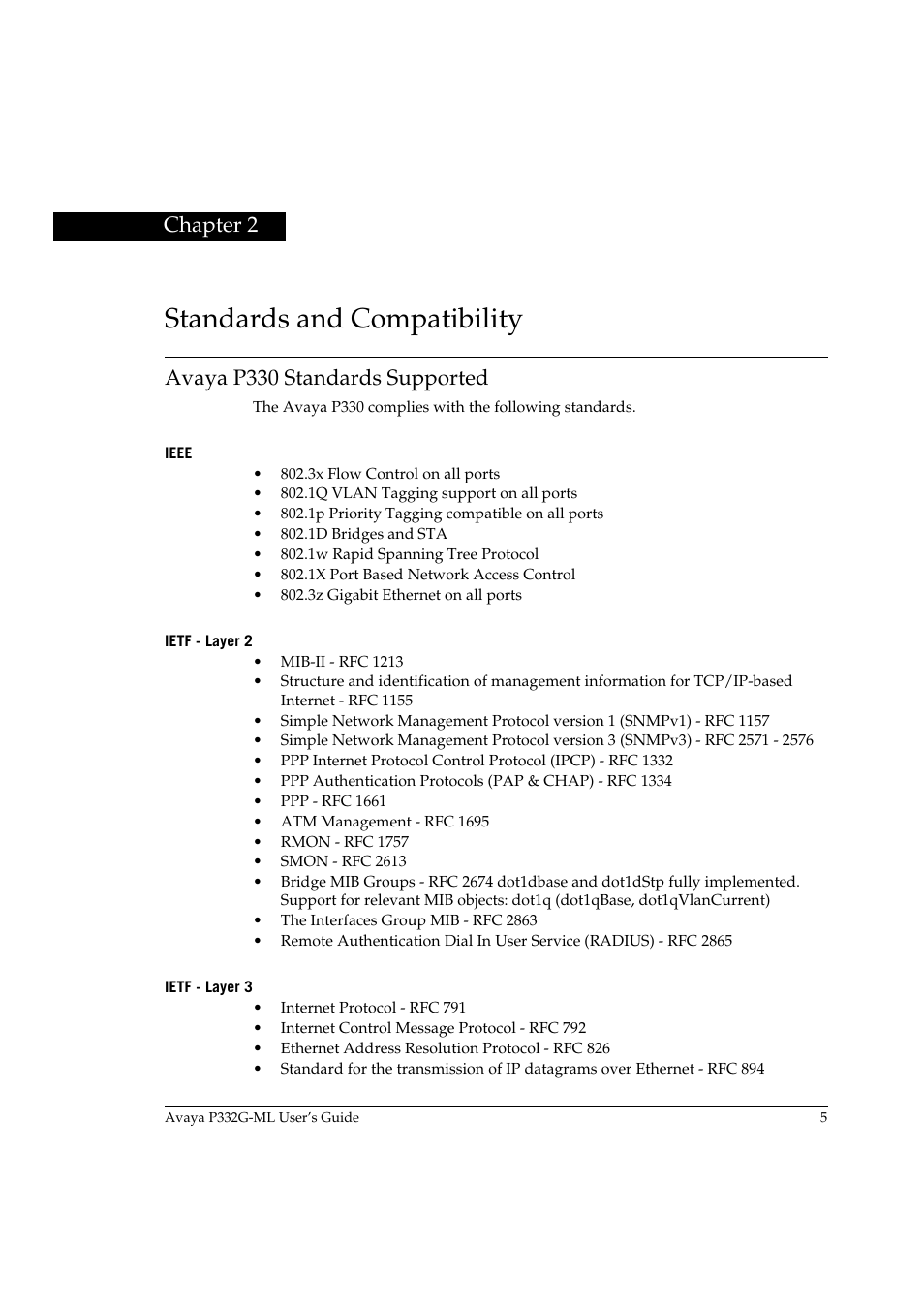 Standards and compatibility, Avaya p330 standards supported, Ieee | Ietf - layer 2, Ietf - layer 3, Chapter 2, Ieee ietf - layer 2 ietf - layer 3 | Avaya P332G-ML User Manual | Page 21 / 164