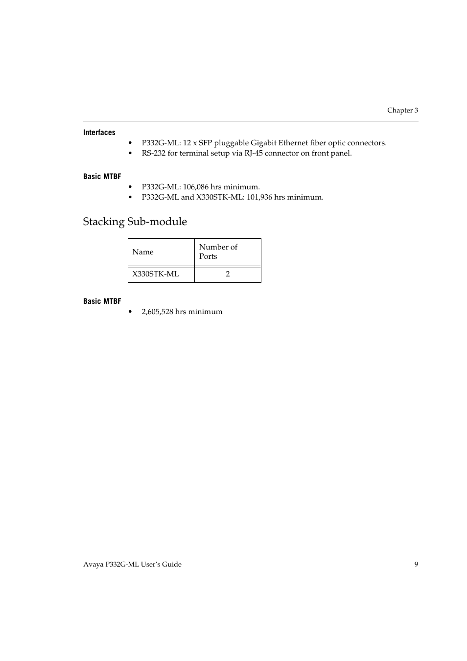 Interfaces, Basic mtbf, Stacking sub-module | Interfaces basic mtbf | Avaya P332G-ML User Manual | Page 25 / 164