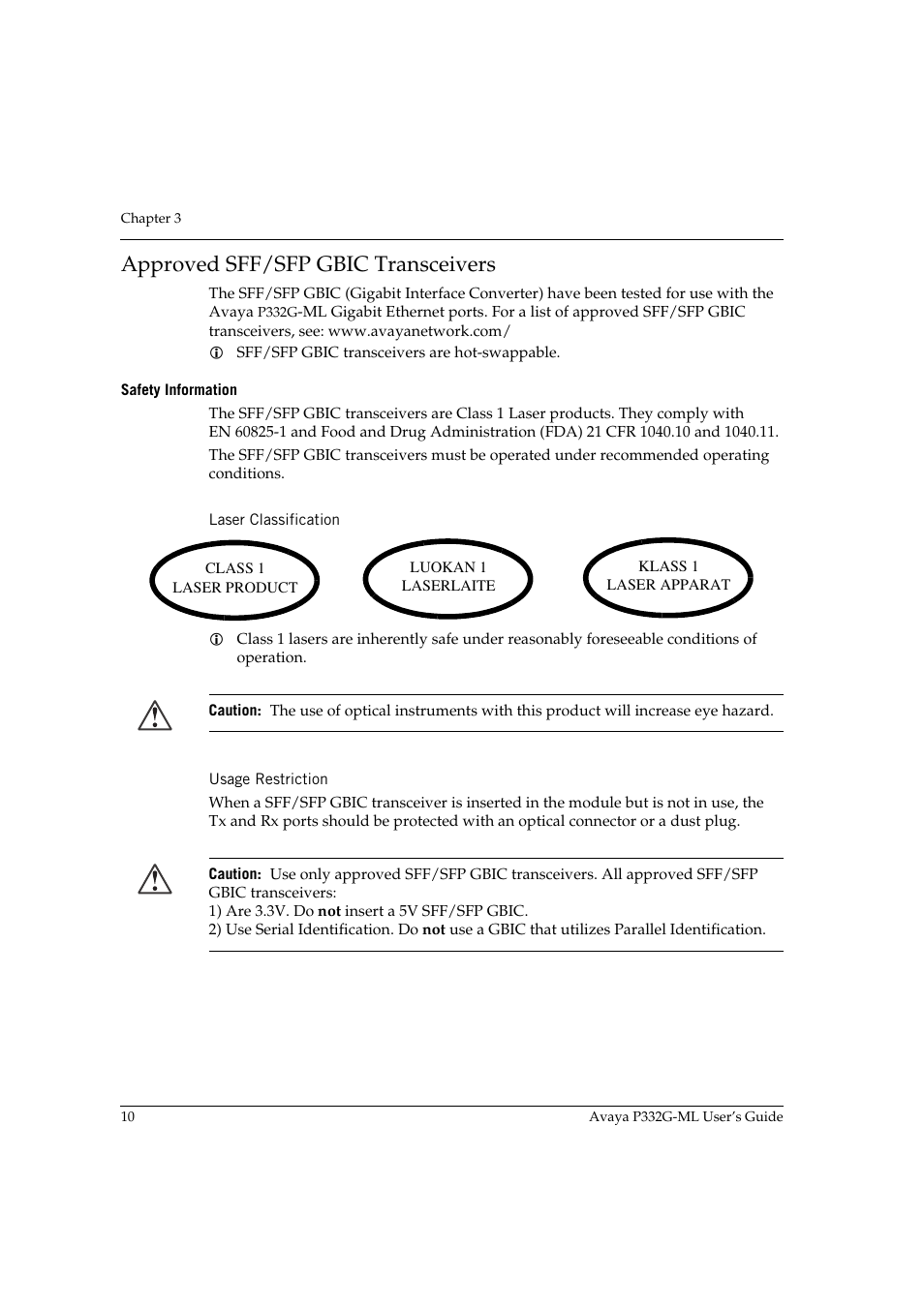 Approved sff/sfp gbic transceivers, Safety information, Laser classification | Usage restriction, Laser classification usage restriction | Avaya P332G-ML User Manual | Page 26 / 164