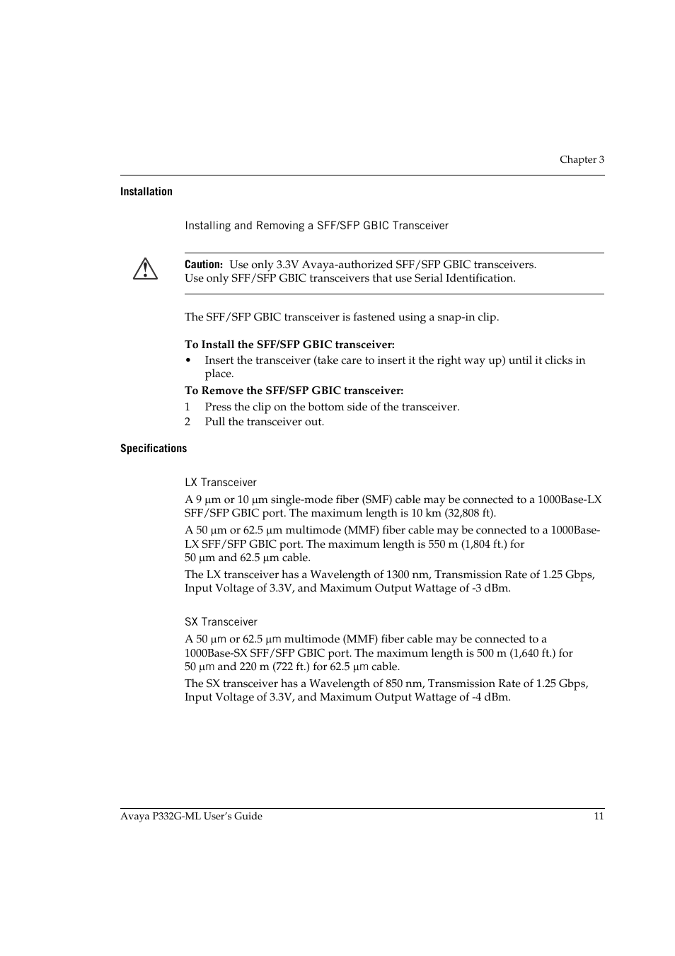 Installation, Installing and removing a sff/sfp gbic transceiver, Specifications | Lx transceiver, Sx transceiver, Lx transceiver sx transceiver | Avaya P332G-ML User Manual | Page 27 / 164