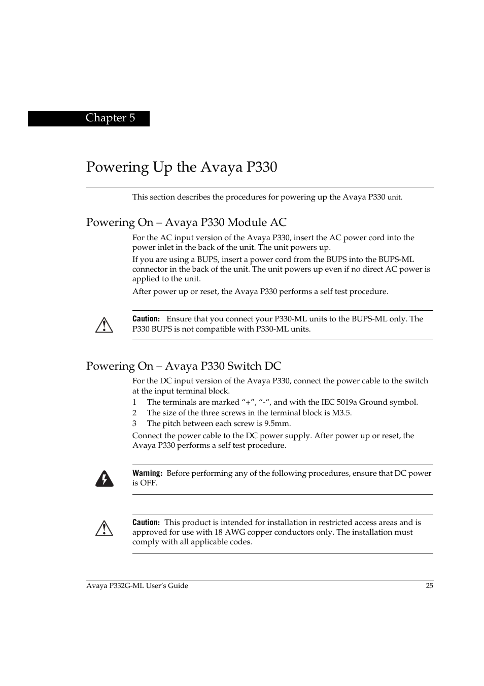 Powering up the avaya p330, Powering on - avaya p330 module ac, Powering on - avaya p330 switch dc | Chapter 5, Powering on – avaya p330 module ac, Powering on – avaya p330 switch dc | Avaya P332G-ML User Manual | Page 41 / 164