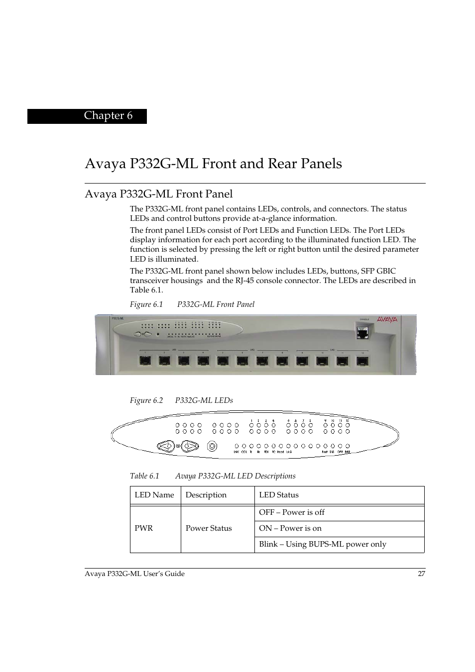 Avaya p332g-ml front and rear panels, Avaya p332g-ml front panel, Chapter 6 | Avaya P332G-ML User Manual | Page 43 / 164