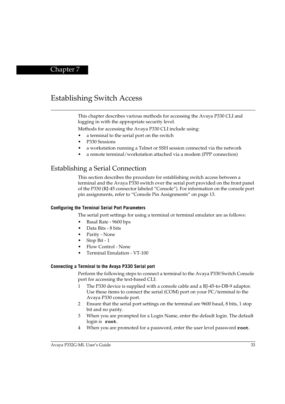 Establishing switch access, Establishing a serial connection, Configuring the terminal serial port parameters | Chapter 7 | Avaya P332G-ML User Manual | Page 49 / 164