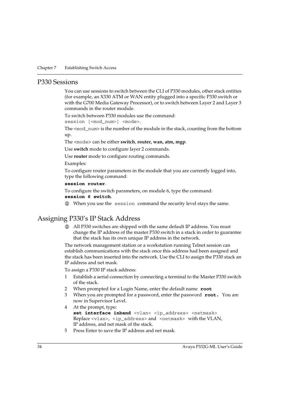 P330 sessions, Assigning p330’s ip stack address, P330 sessions assigning p330’s ip stack address | Avaya P332G-ML User Manual | Page 50 / 164