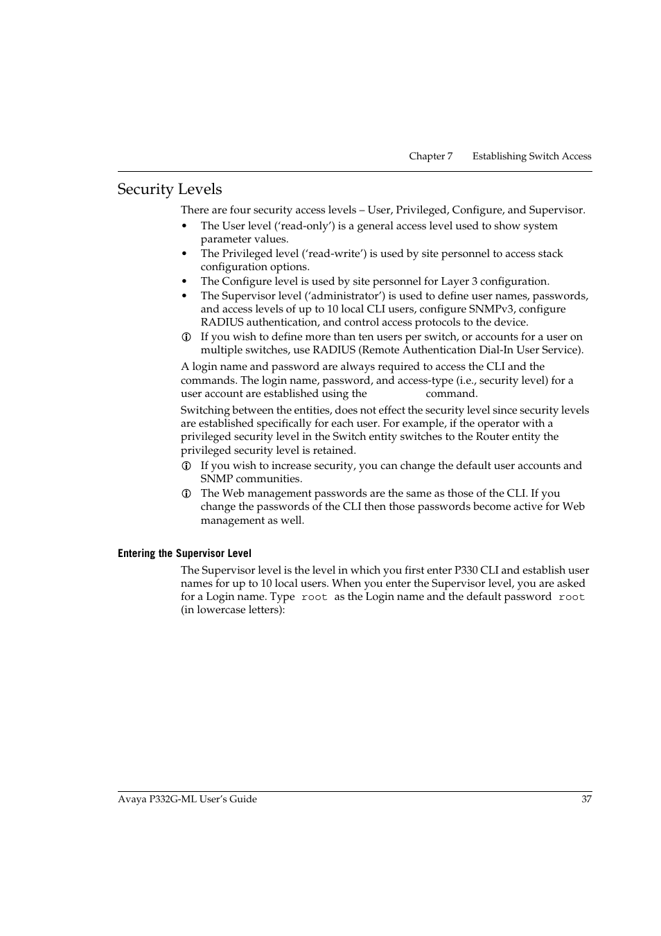 Security levels, Entering the supervisor level | Avaya P332G-ML User Manual | Page 53 / 164