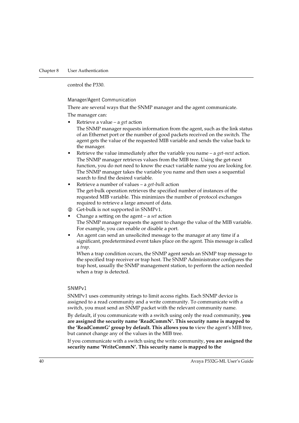 Manager/agent communication, Snmpv1, Manager/agent communication snmpv1 | Avaya P332G-ML User Manual | Page 56 / 164
