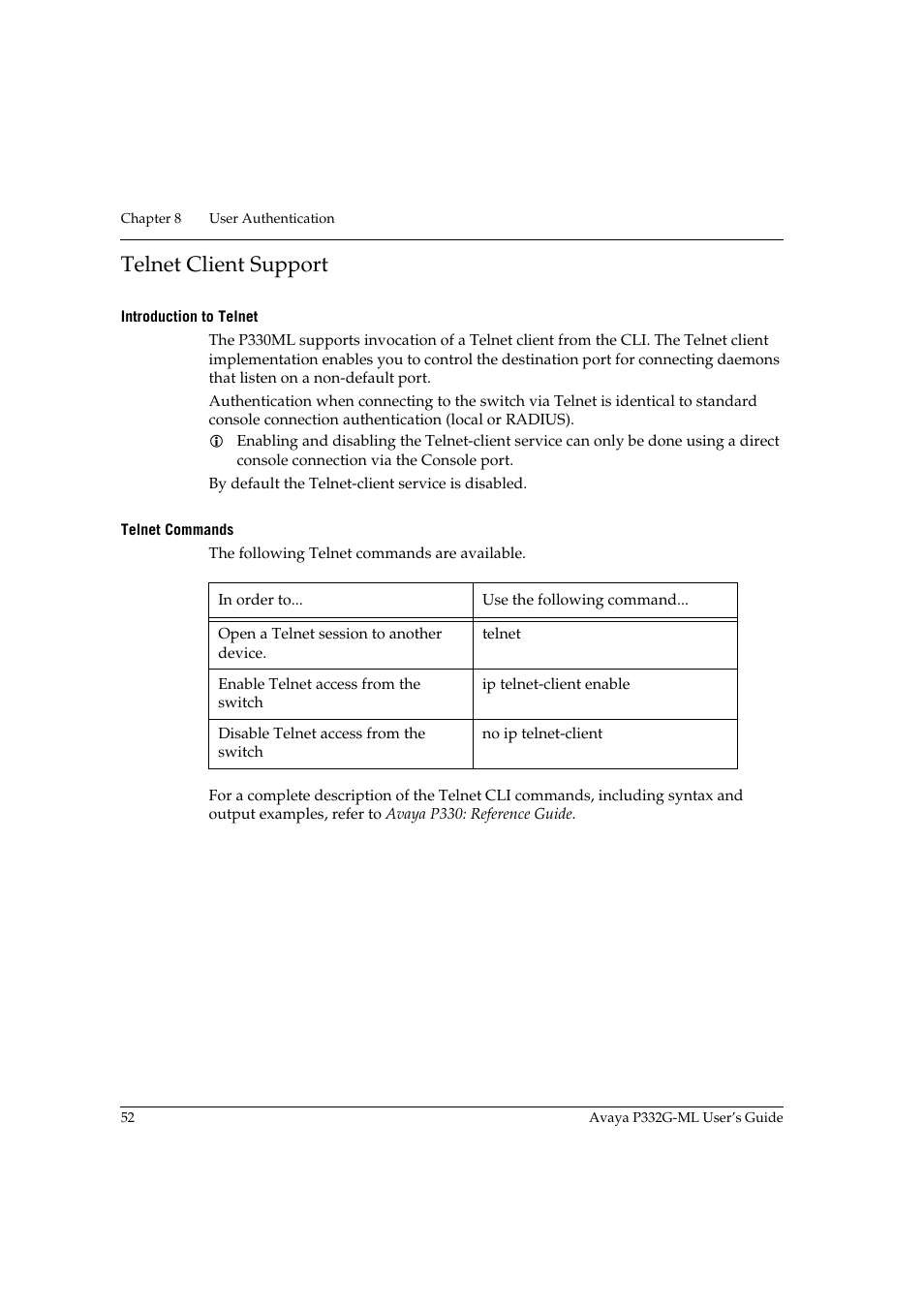 Telnet client support, Introduction to telnet, Telnet commands | Introduction to telnet telnet commands | Avaya P332G-ML User Manual | Page 68 / 164