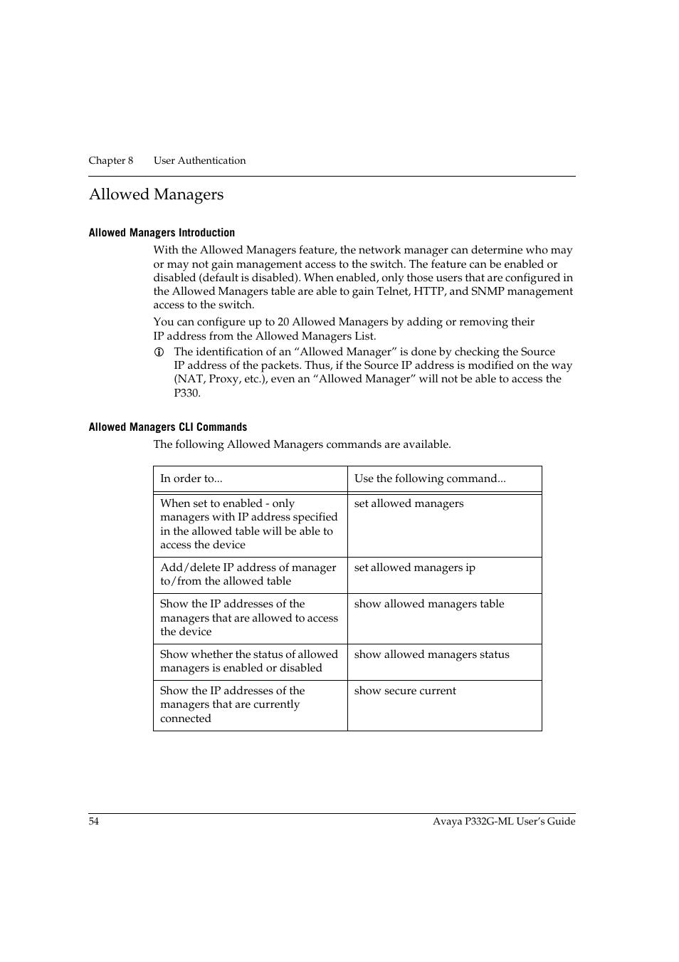 Allowed managers, Allowed managers introduction, Allowed managers cli commands | Avaya P332G-ML User Manual | Page 70 / 164