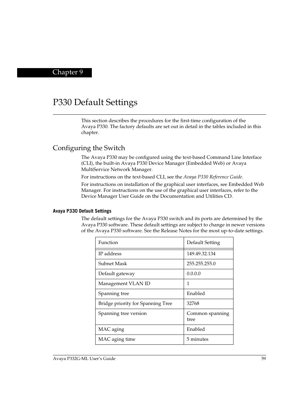 P330 default settings, Configuring the switch, Avaya p330 default settings | Chapter 9, P330 default settings configuring the switch | Avaya P332G-ML User Manual | Page 75 / 164