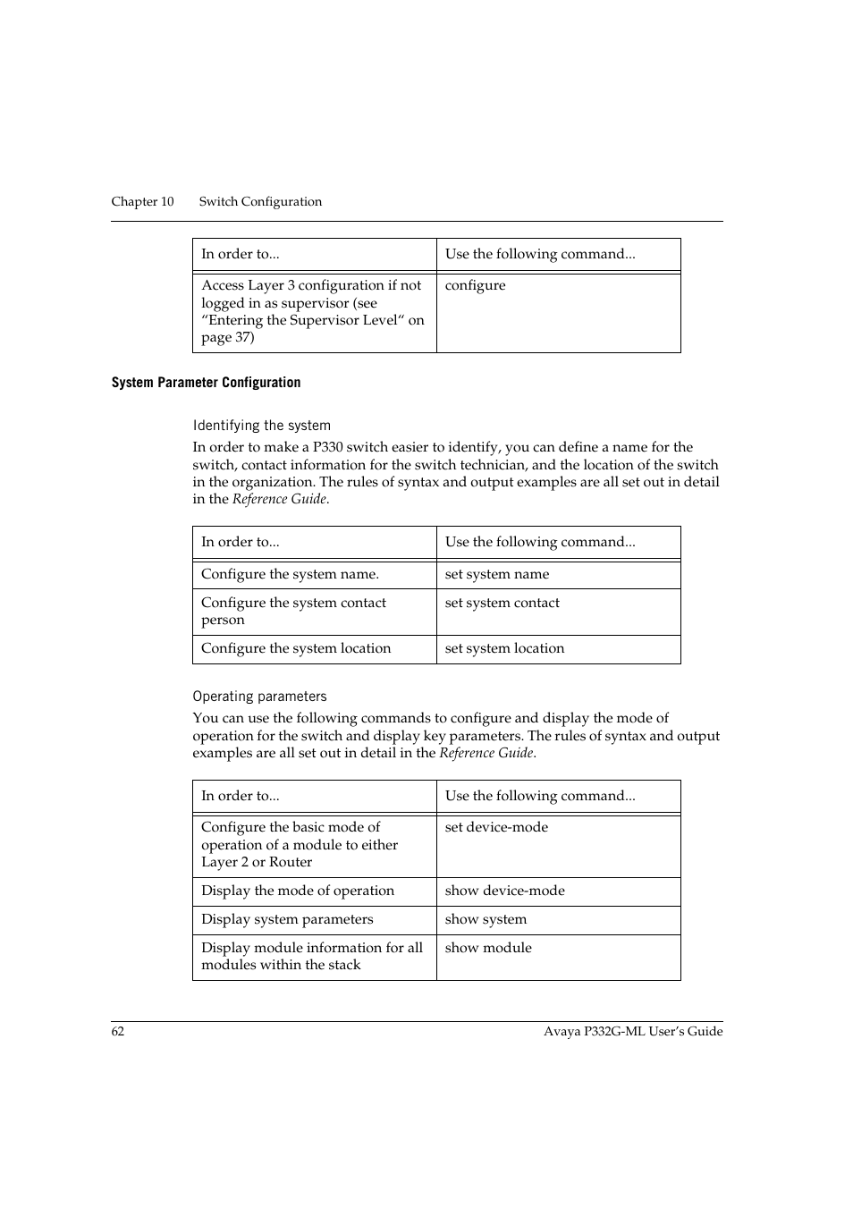 System parameter configuration, Identifying the system, Operating parameters | Identifying the system operating parameters | Avaya P332G-ML User Manual | Page 78 / 164