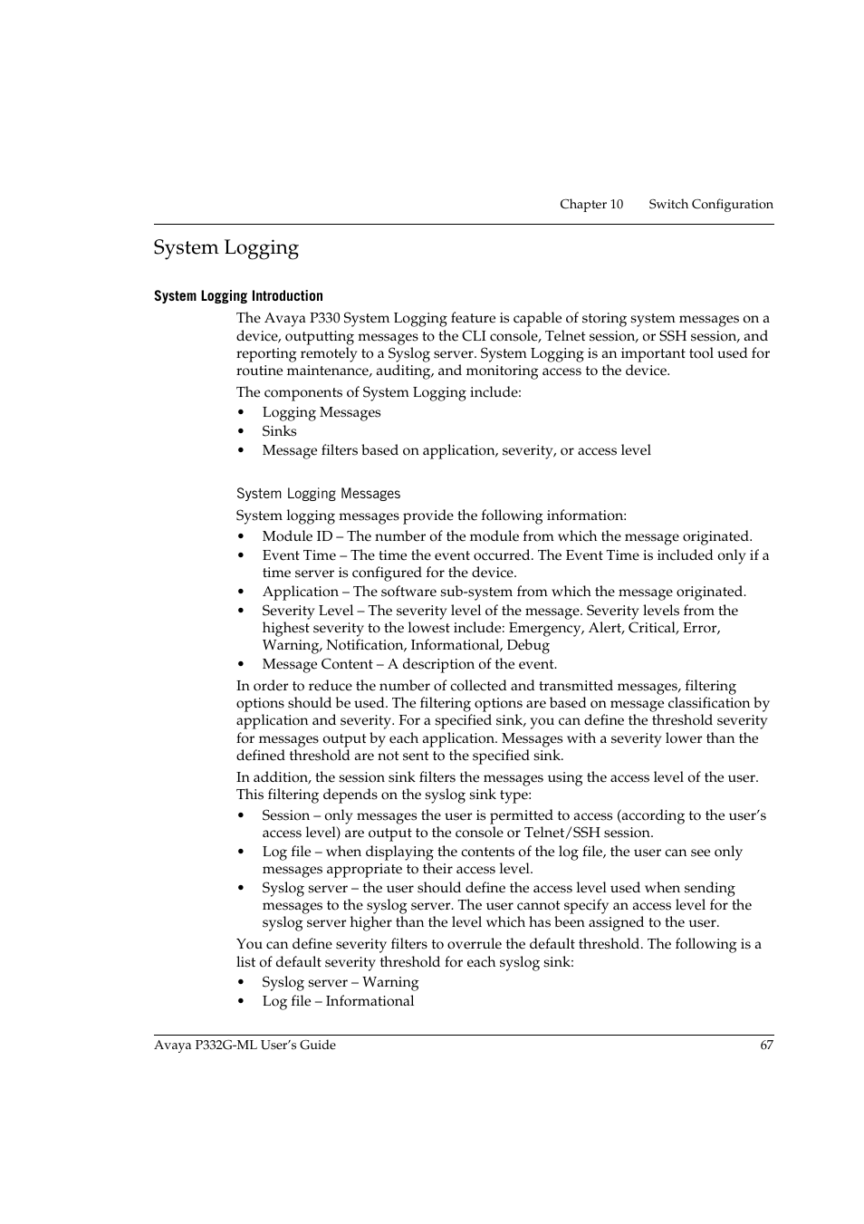 System logging, System logging introduction, System logging messages | Avaya P332G-ML User Manual | Page 83 / 164