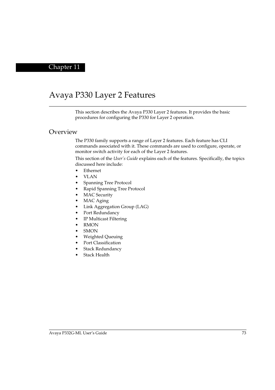 Avaya p330 layer 2 features, Overview, Chapter 11 avaya p330 layer 2 features | Chapter 11 | Avaya P332G-ML User Manual | Page 89 / 164