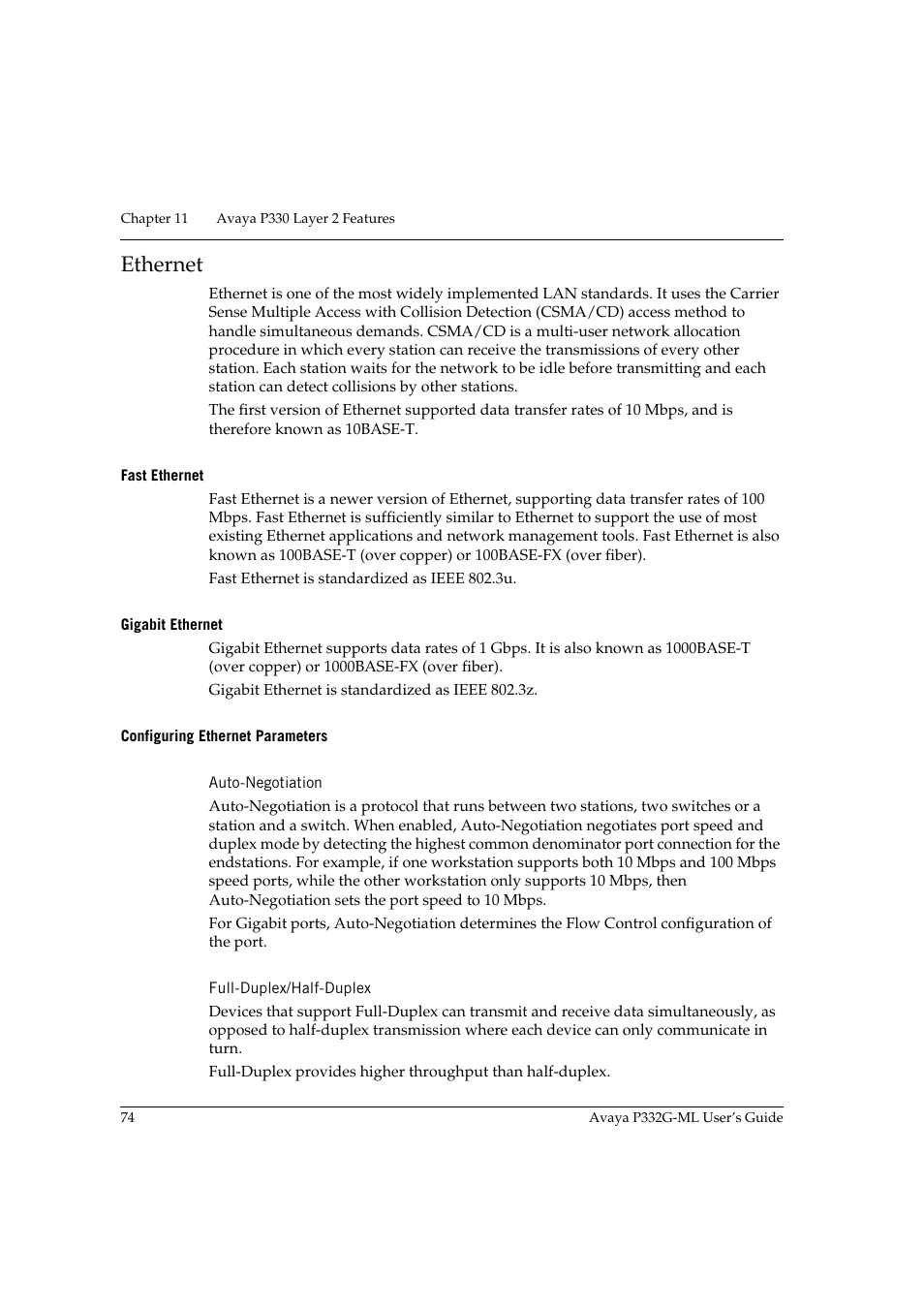 Ethernet, Fast ethernet, Gigabit ethernet | Configuring ethernet parameters, Auto-negotiation, Full-duplex/half-duplex, Auto-negotiation full-duplex/half-duplex | Avaya P332G-ML User Manual | Page 90 / 164