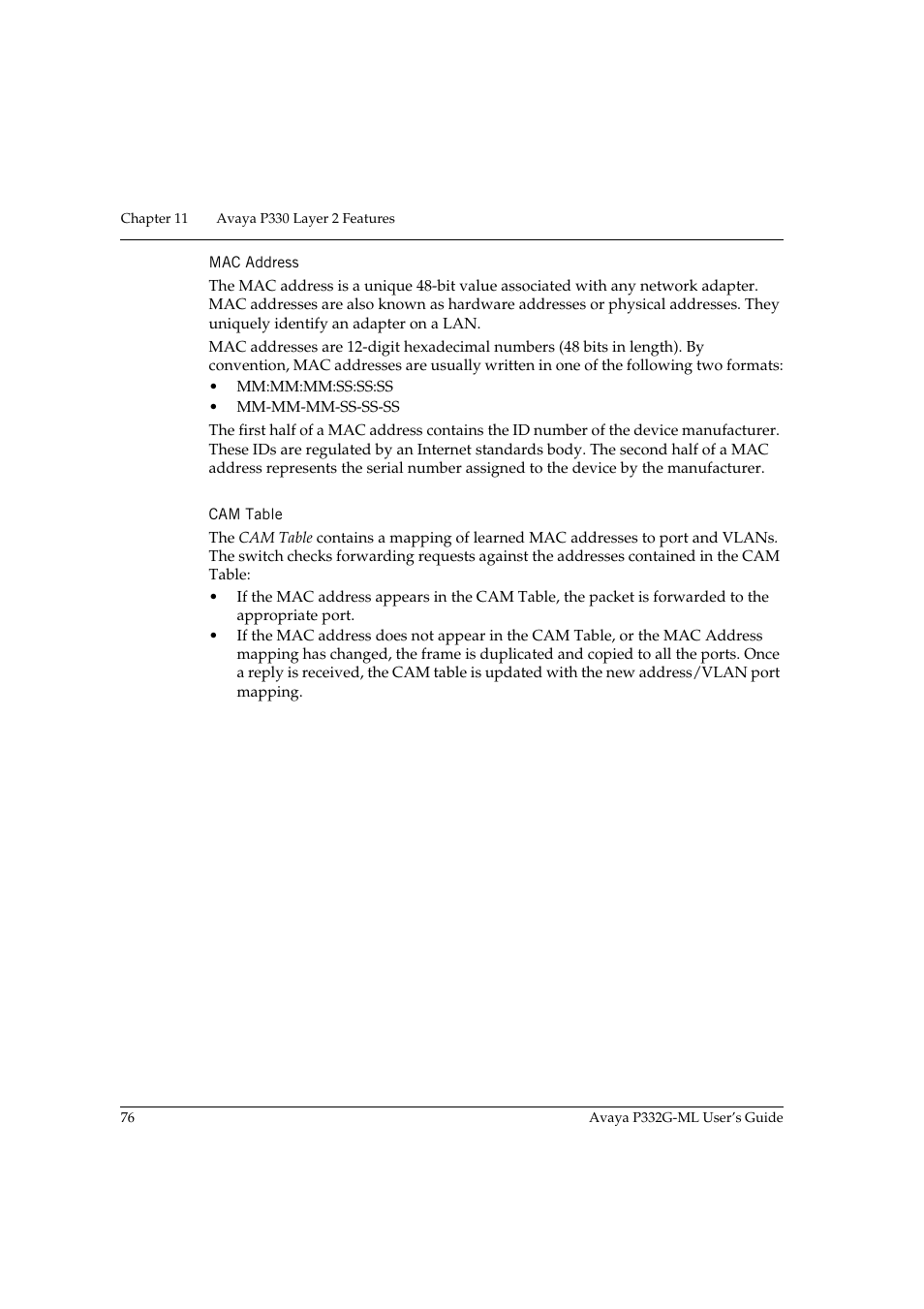 Mac address, Cam table, Mac address cam table | Avaya P332G-ML User Manual | Page 92 / 164