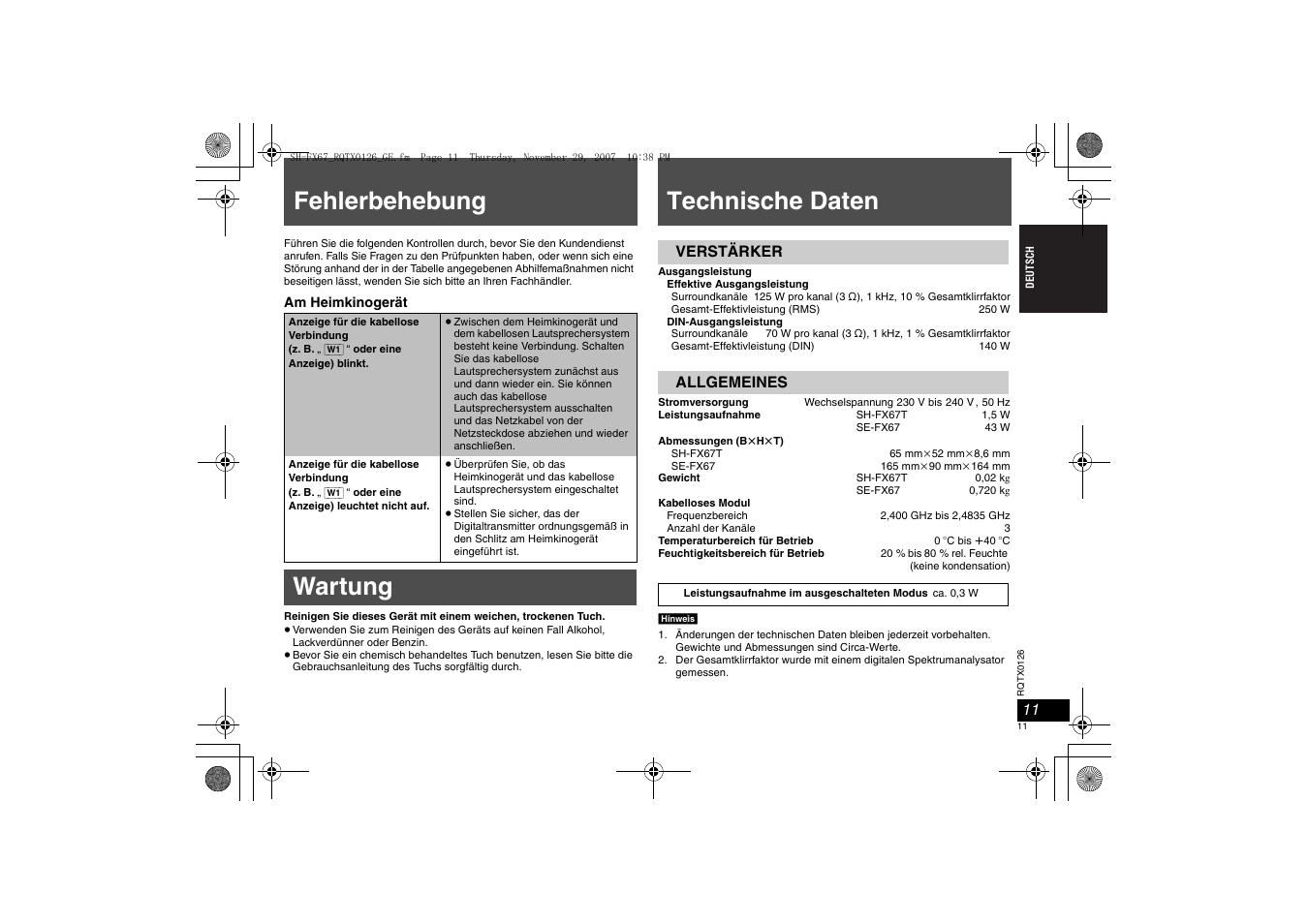 Wartung, Technische daten fehlerbehebung, Verstärker allgemeines | Panasonic SHFX67EK User Manual | Page 11 / 96