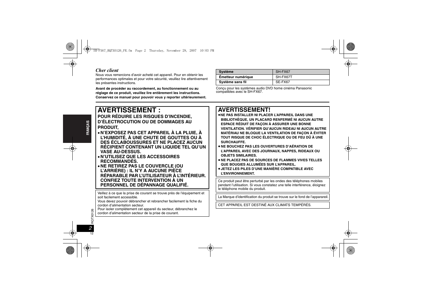 Avertissement | Panasonic SHFX67EK User Manual | Page 12 / 96