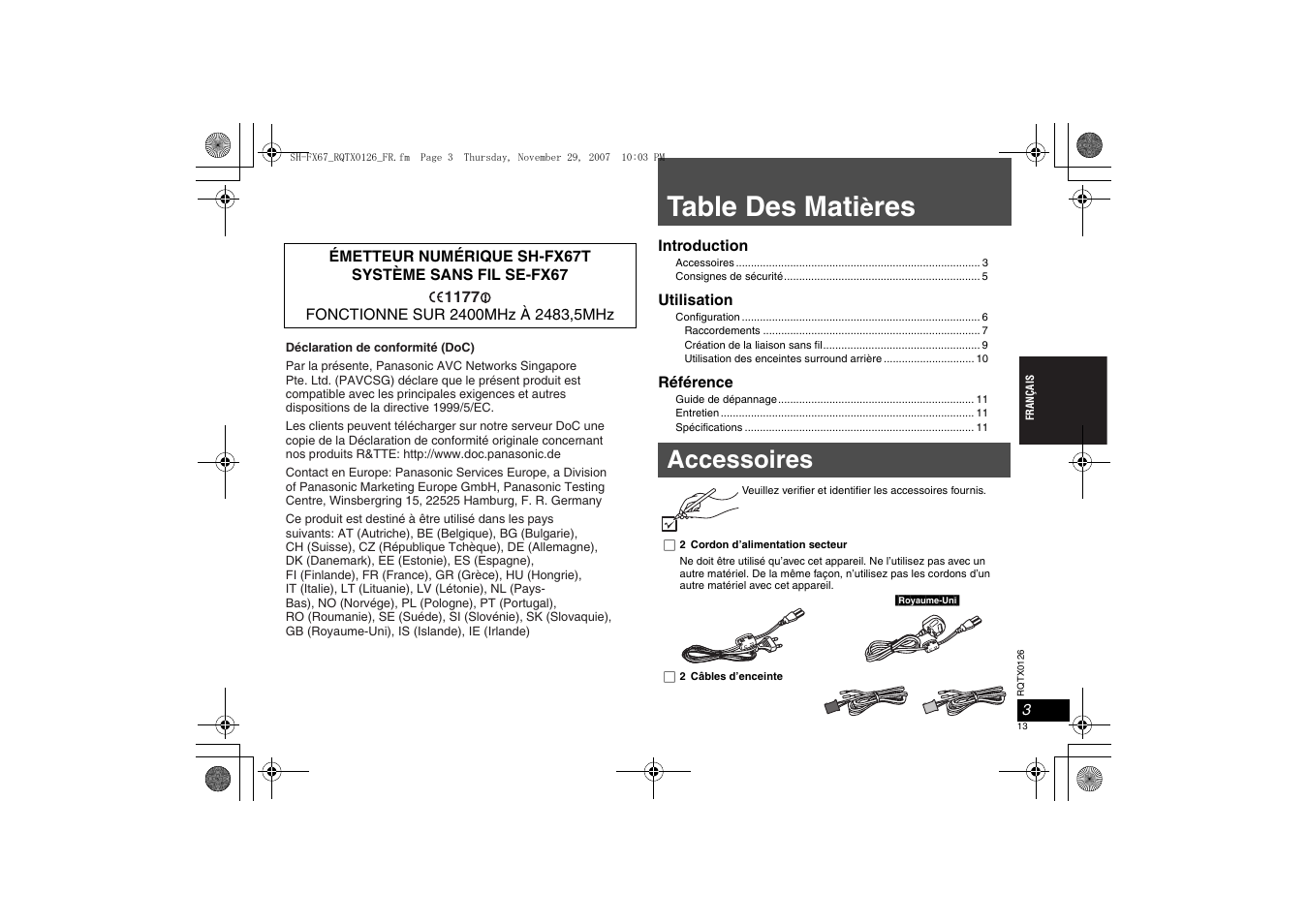 Table des mati, Accessoires | Panasonic SHFX67EK User Manual | Page 13 / 96