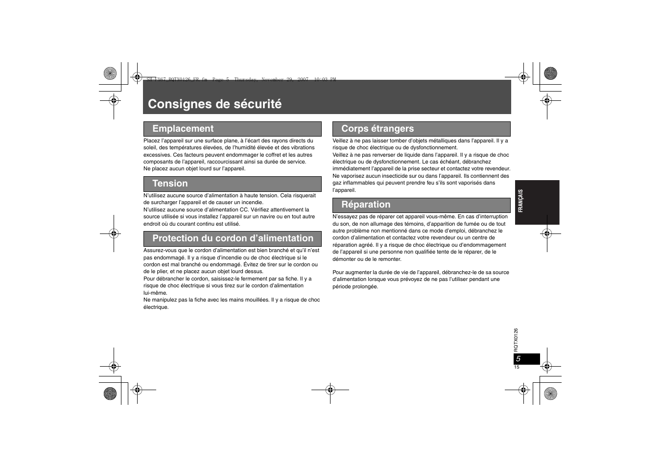 Consignes de sécurité | Panasonic SHFX67EK User Manual | Page 15 / 96