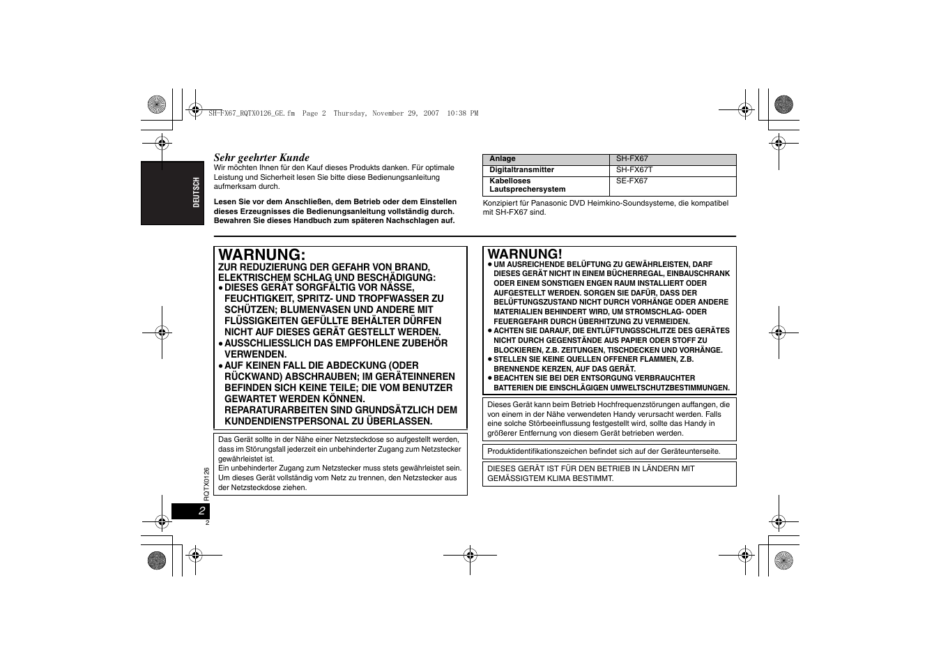 Warnung | Panasonic SHFX67EK User Manual | Page 2 / 96